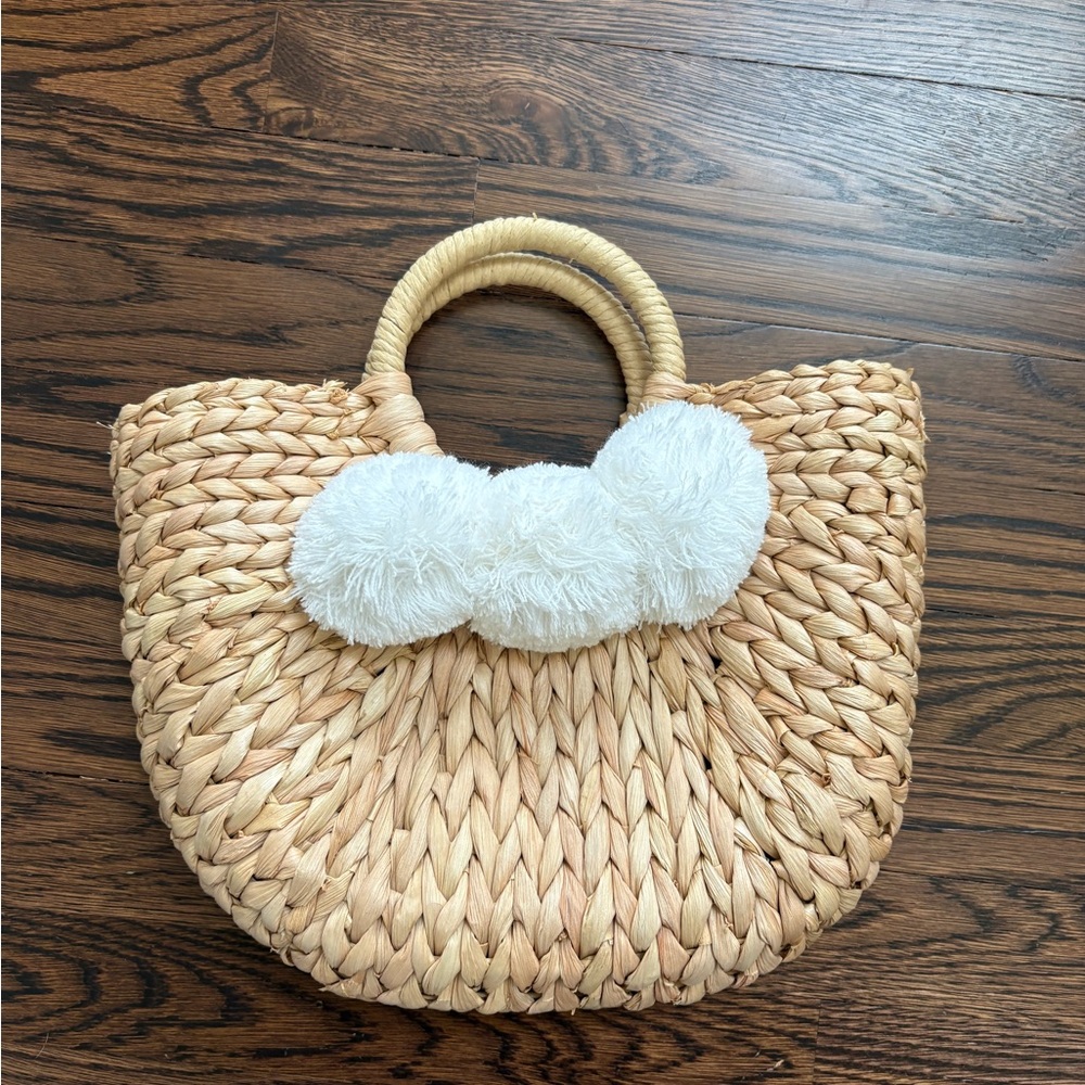 Woven Straw Tote with White Pom Poms from Goodnight Macaroon